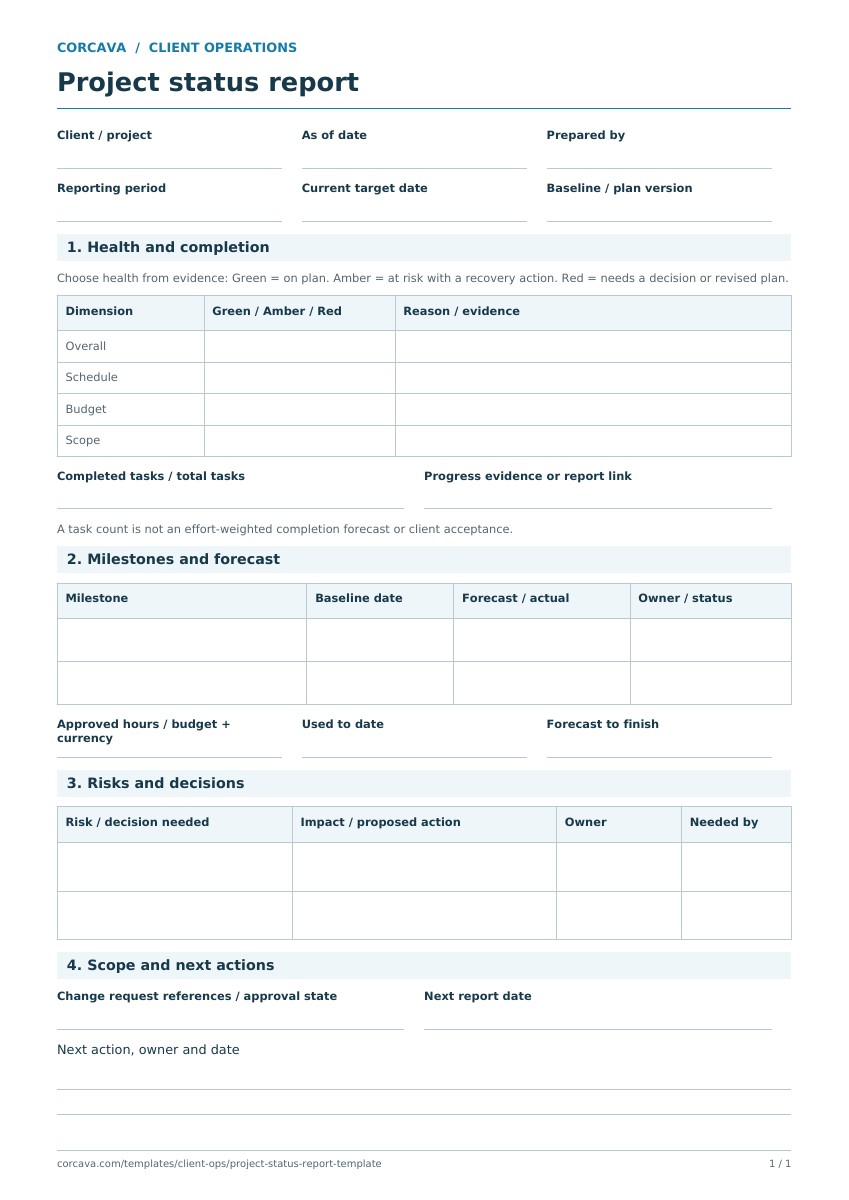 Blank project status report PDF with health, milestones, risks and scope fields