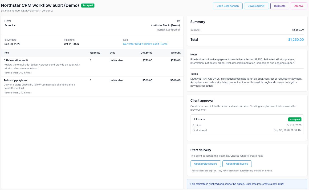 Admin view of the accepted two-line estimate, linked to the Northstar client and deal