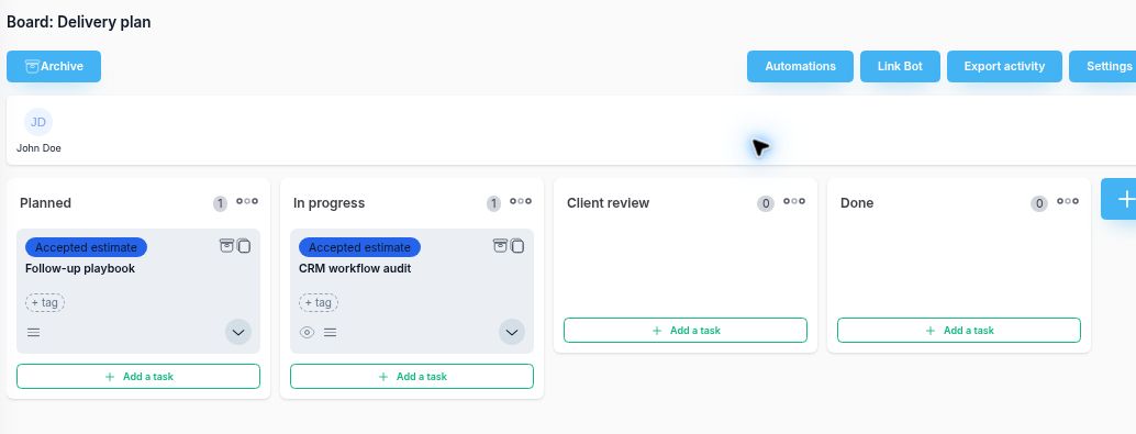 Delivery plan with CRM workflow audit In progress and Follow-up playbook Planned