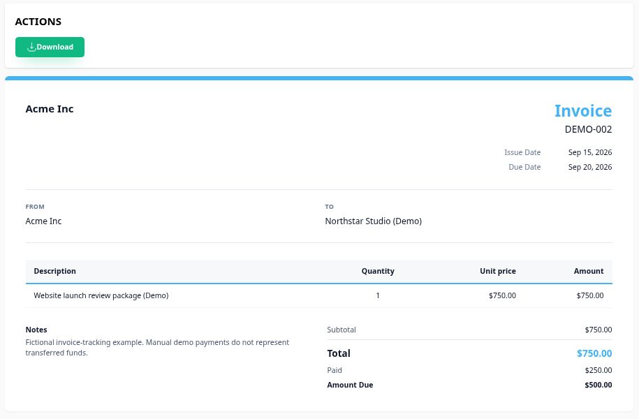 Client-facing demo invoice DEMO-002 with a September 20 due date, 250 dollars paid and 500 dollars amount due