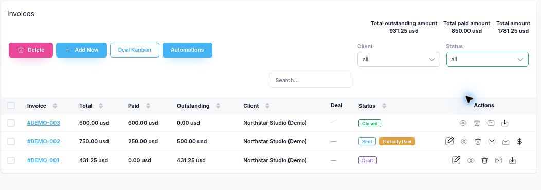 Corcava invoice list with a draft, a partially paid sent invoice and a fully paid closed invoice, showing total 1781.25 dollars, paid 850 dollars and outstanding 931.25 dollars