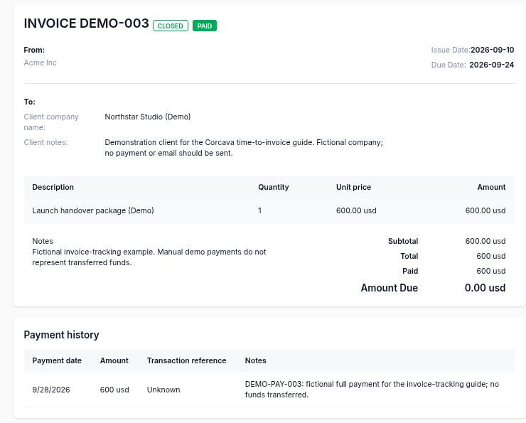 Closed demo invoice DEMO-003 showing 600 dollars total, 600 dollars paid and zero amount due with a full payment in its history