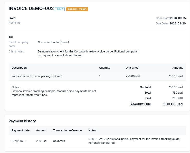 Invoice DEMO-002 showing 750 dollars total, a manually recorded 250 dollar payment and 500 dollars still due, with payment history