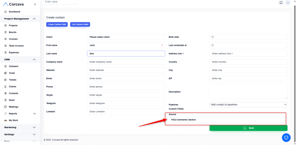 Fill in custom fields value